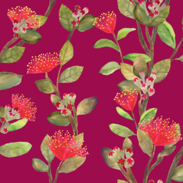 Fabric print by Cecilia Mok of pink gum nuts on a red background.