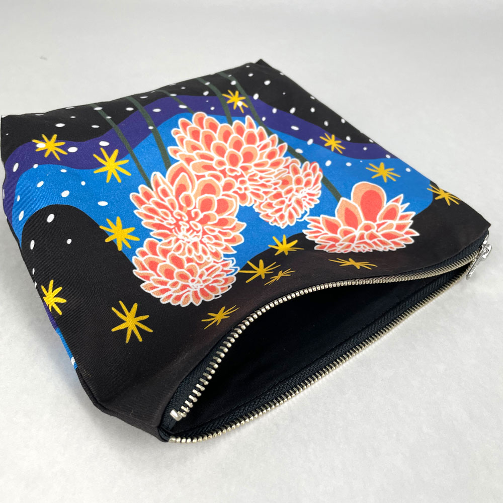 digital textile printed floral pouch with a metal zip and full cover floral print