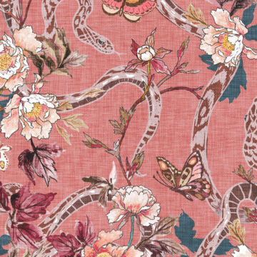 Custom Fabric 'Snake and Peony Antique Pink' by Esther Fallon Lau 