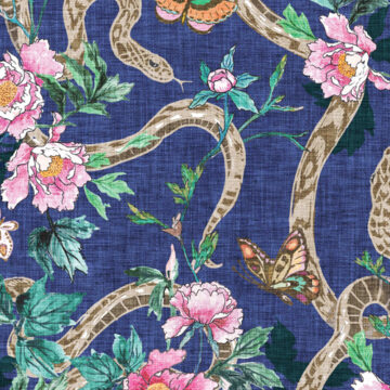 Custom Fabric 'Snake and Peony Blue' by Esther Fallon Lau 