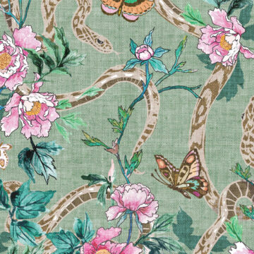 Custom Fabric 'Snake and Peony Jade Green' by Esther Fallon Lau 