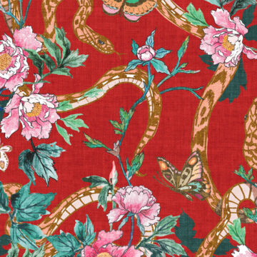 Custom Fabric 'Snake and Peony Red' by Esther Fallon Lau 