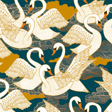 Custom Fabric 'Swans Blue Gold' by Cecilia Mok