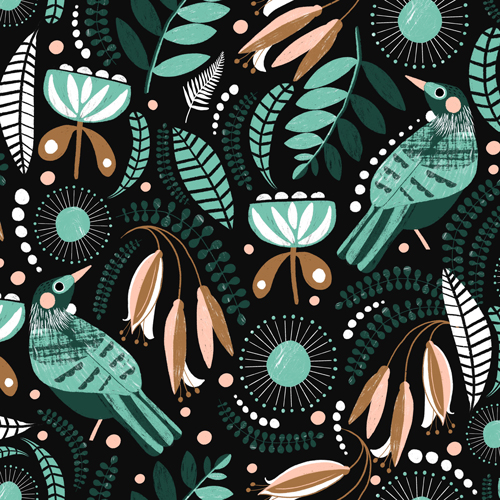 A print design in green and black with tui a native new Zealand bird