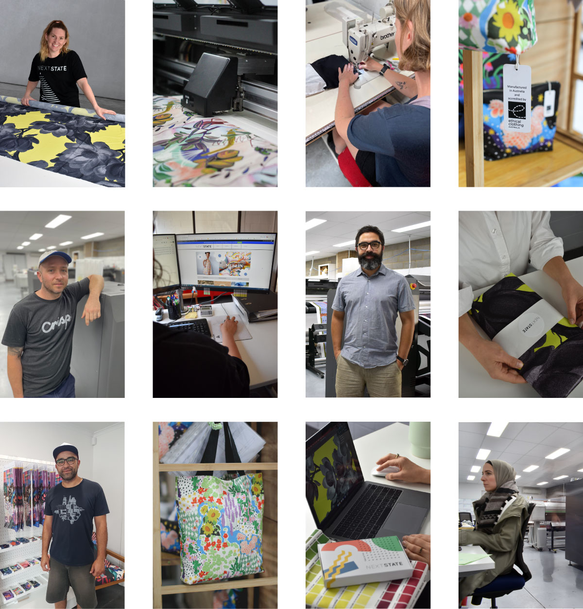 a grid of 12 images showcasing the team, products and processes at Next State 