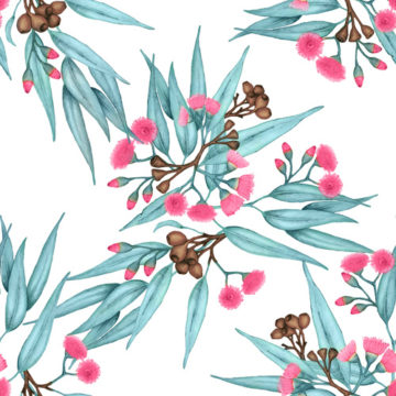 Custom Fabric 'Eucalyptus Bright Pink Blossoms on White' by Thistle and Fox