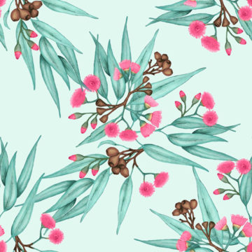 Custom Fabric 'Eucalyptus Gumnuts Mint Bright Pink Blossoms' by Thistle and Fox