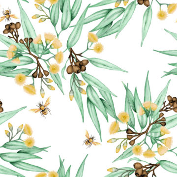Custom Fabric 'Eucalyptus Gumnuts and Bees Yellow 9 inch' by Thistle and Fox