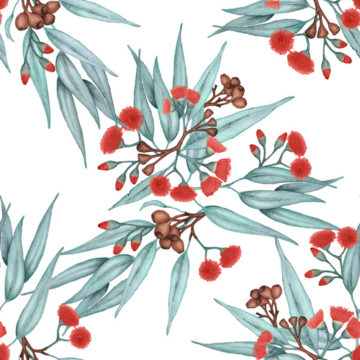 Custom Fabric 'Gumnuts Silver Blue Bright Red Blossoms' by Thistle and Fox
