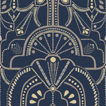 Gold dots elegantly placed in art deco arches on a dark blue background for a fabric print by Cecilia Mok