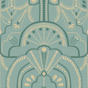 White and gold dots elegantly placed in art deco arches on a green background for a fabric print by Cecilia Mok