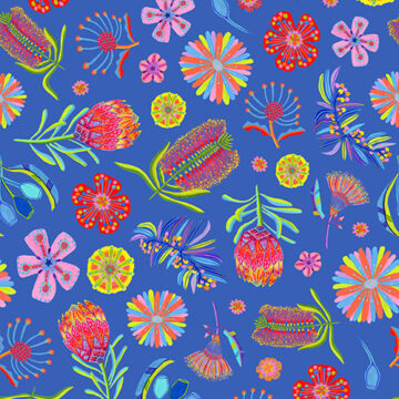 Vibrant floral pattern with Bottlebrush, gumnuts, and other Australian natives on a blue background