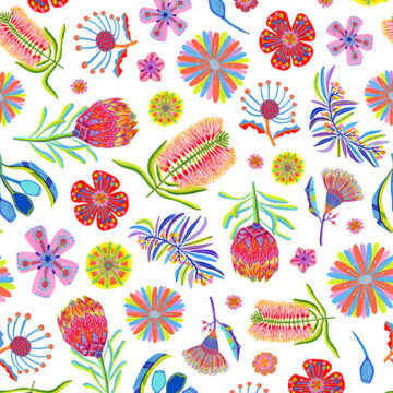 Vibrant floral pattern with Bottlebrush, gumnuts, and other Australian natives on a white background