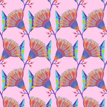 Colourful pattern of gum flowers in bloom on a pink background.