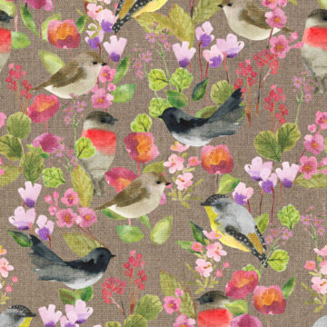 Custom Fabric 'Winter Birds in the Garden Taupe' by Cecilia Mok