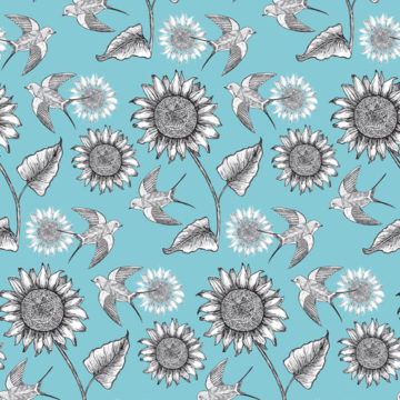 Custom Fabric 'Sunflowers Swallows Blue' by Angie Hollister