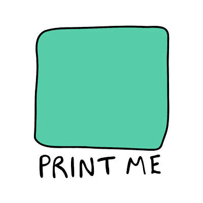 How it works - Artwork Library: Image of a big green square with the words 'print me' below