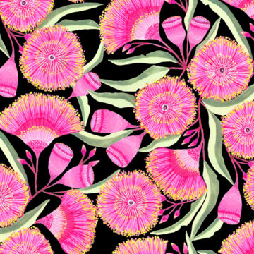 Custom Fabric 'Gum Blossoms Black' by Lordy Dordie