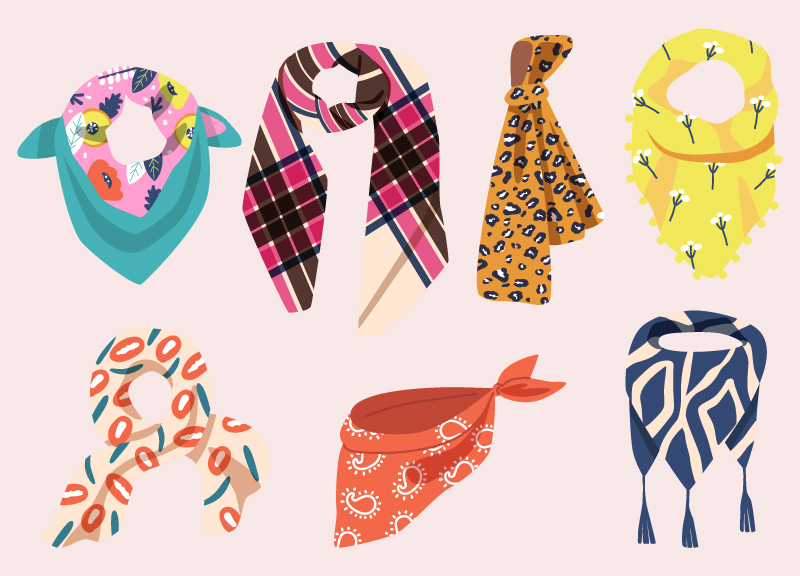 lots of different styles of a scarf with prints on 