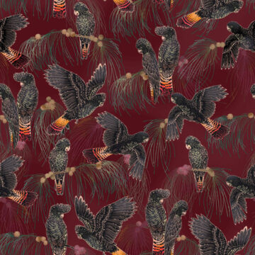 Custom Fabric 'Black Cockatoos Cherry' by Eloise Short Design