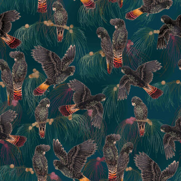 Custom Fabric 'Black Cockatoos Turquoise' by Eloise Short Design