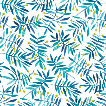 Hand painted in watercolour, wattle stems in shades of teal and aqua with yellow dot flowers on a white background.